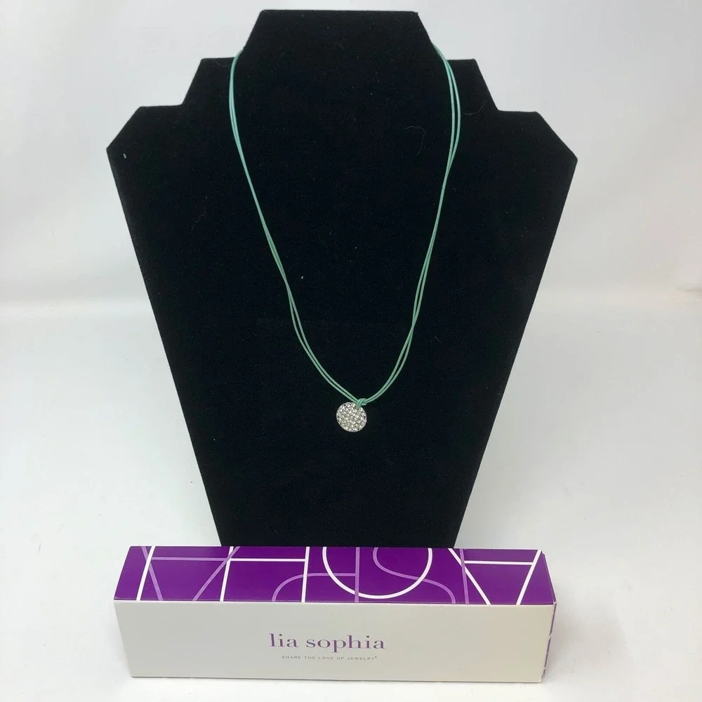 Lia Sophia Necklace‎ Aqua Corded Silver Tone Beaded Disk Spotlight